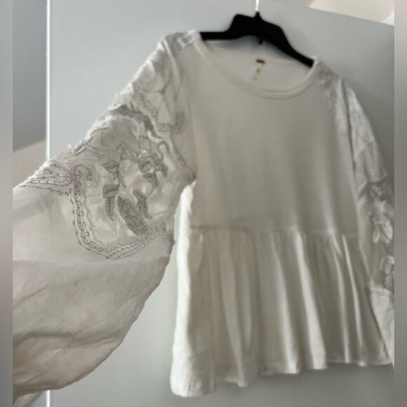 Free People Cream White Embroidered Penny Tee Long Sleeve Blouse Size S - Picture 3 of 8